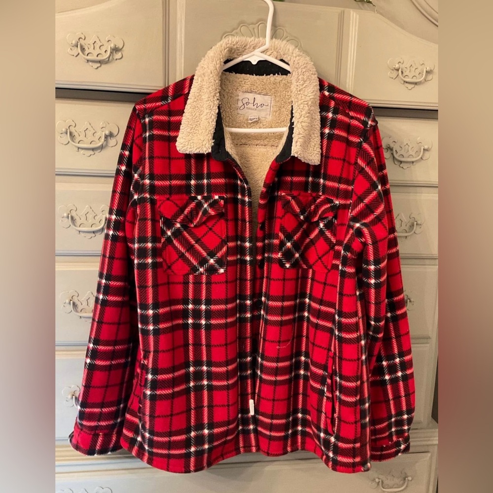 Soho Red and Black Plaid Jacket with Cream Sherpa